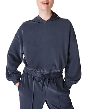 Shop Sweaty Betty Summer Sand Wash Crop Hoodie In Navy Blue