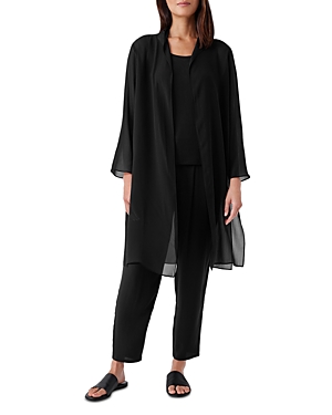Eileen Fisher Open-front Sheer Silk Georgette Duster In Black