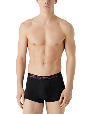 Shop Emporio Armani Armani Cotton Blend Logo Waistband Regular Fit Trunks, Pack Of 2 In Marine/red