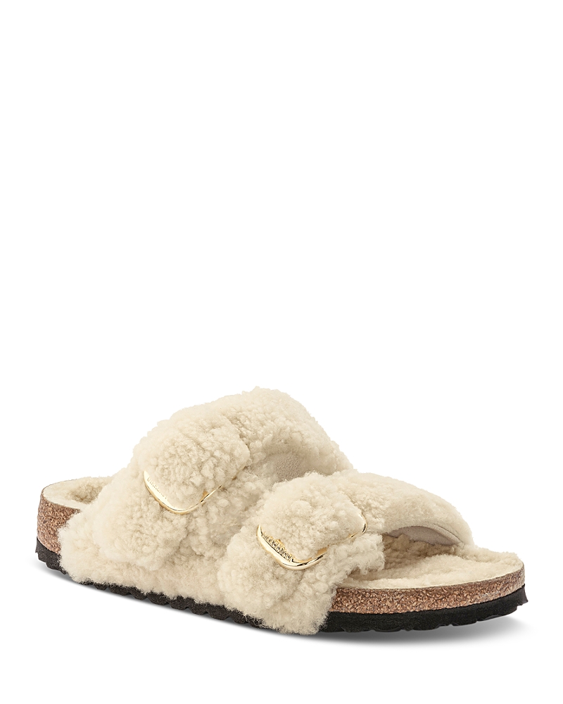 Birkenstock Arizona Teddy Shearling Dual Buckle Sandals In Eggshell