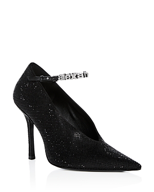 Alexander Wang Women's Delphine 105mm Crystal-studded Logo Strap Satin Pumps In Black