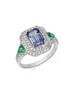 Bloomingdale's Tanzanite, Emerald, & Diamond Halo Statement Ring In 14k White Gold In Blue/white