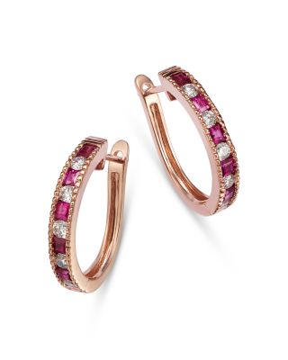 Ruby & Diamond Small Hoop Earrings in 14K Rose Gold