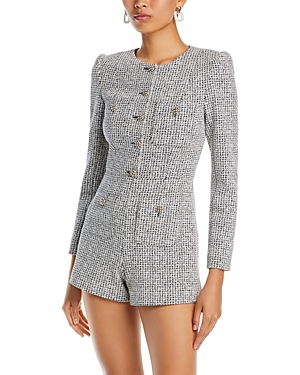 Shop Alice And Olivia Shiloh Patch Pocket Houndstooth Romper In Black/off White