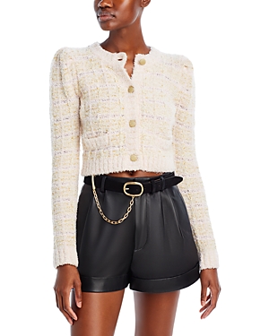 Loveshackfancy Saxson Tweed Pattern Cardigan In Cream Puff Pink