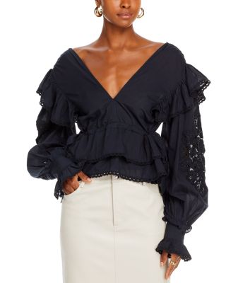 FARM Rio - Cotton Long Sleeve Ruffle V Neck Top