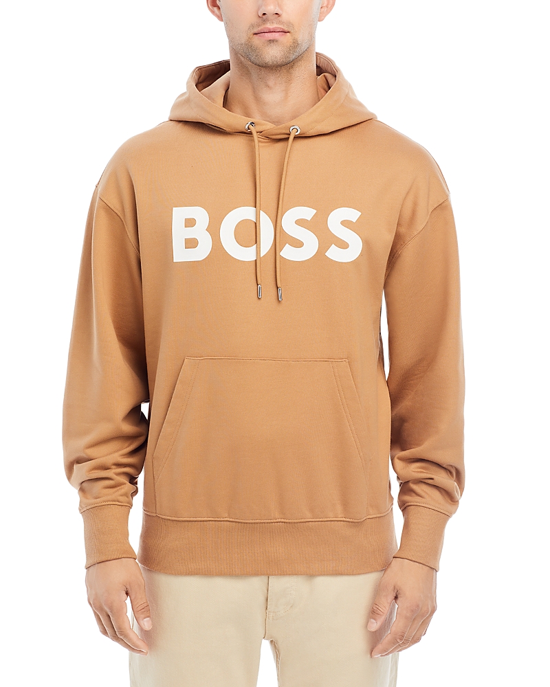 Hugo Boss Sullivan Cotton Logo Print Regular Fit Hoodie In Medium Beige/white
