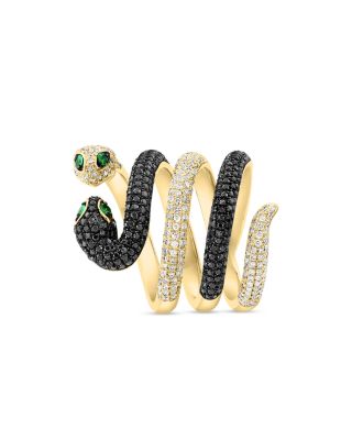 Tsavorite, Black & White Diamond Snake Ring in 14K Yellow Gold