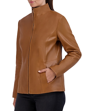 Shop Cole Haan Leather Stand Collar Jacket In Hazelnut