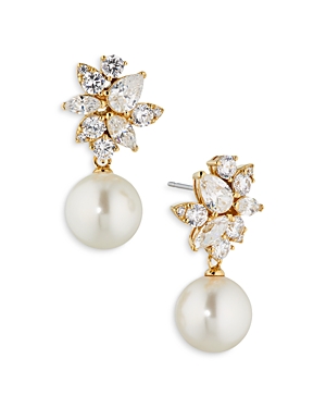 Shop Nadri Chiara Stone Cluster & Imitation Pearl Drop Earrings In Gold