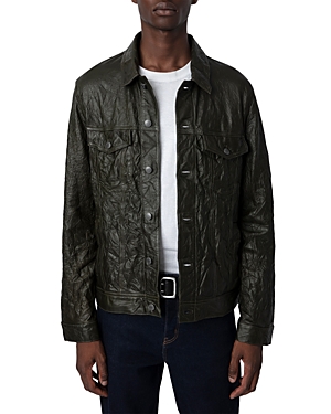 Shop Zadig & Voltaire Base Crinkle Leather Shirt Jacket In Olivier