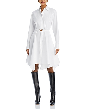 Shop Versace Cotton Poplin Belted Shirt Dress In Optical White