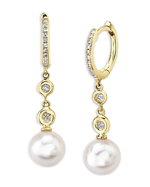 14K Yellow Gold Diamond & Cultured Pearl Drop Earrings