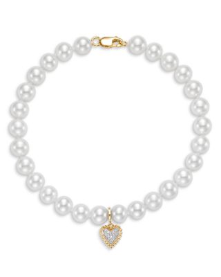 Bloomingdale's Fine Collection Cultured Freshwater Pearl & Diamond Heart Charm Bracelet in 14K White Gold