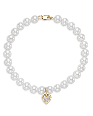 Bloomingdale's Cultured Freshwater Pearl & Diamond Heart Charm Bracelet In 14k White Gold In White/gold