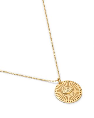 14K Yellow Gold Medallion Evil Eye Sunbeam Disc Pendant Necklace, 18"