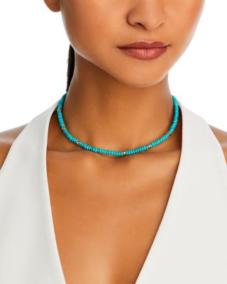 14K Yellow Gold Gemstone Beads Turquoise Rondelle Collar Necklace, 16-18"