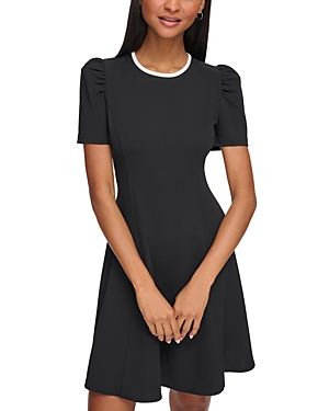 Karl Lagerfeld Short Puff Sleeve Scuba Crepe Dress In Black/soft White