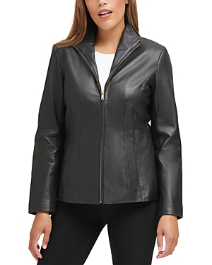 Cole Haan Leather Stand Collar Jacket In Black