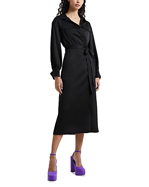 FRENCH CONNECTION HARLOW SATIN FAUX WRAP MIDI SHIRT DRESS