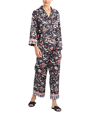 Shop Natori Kana Print Cotton Pajama Set In Black Multi