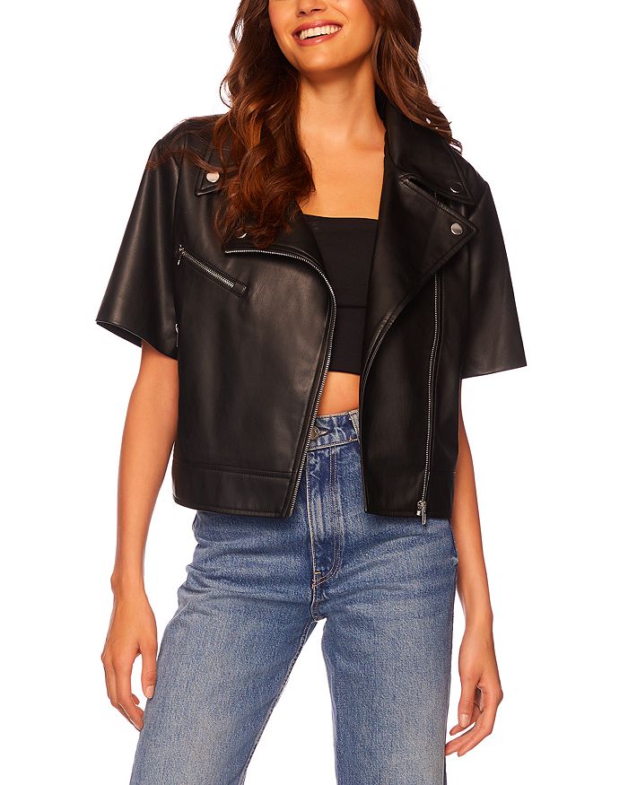 Short sleeve faux leather hot sale jacket
