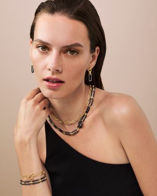 18K Yellow Gold Black Caviar Ceramic Link Drop Earrings