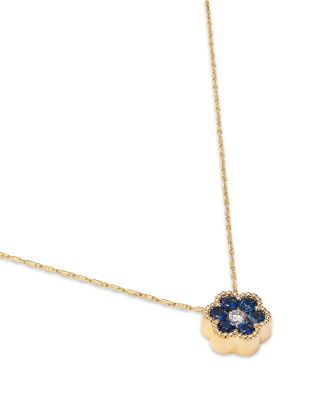 Blue Sapphire & Diamond Flower Pendant Necklace in 14K Yellow Gold, 18"