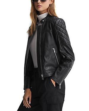 Shop Reiss Adelaide Collarless Leather Biker Jacket In Black
