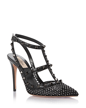 Shop Valentino Women's Ankle Strap Pointed Toe Pumps In Black/diamond
