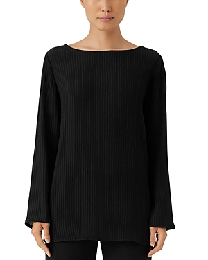 Eileen Fisher Ribbed Side-slit Boat-neck Tunic In Black