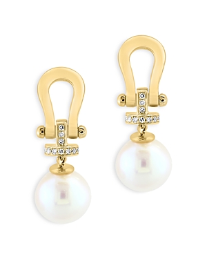 Bloomingdale's Cultured Freshwater Pearl & Diamond Buckle Style Drop Earrings In 14k Yellow Gold In White/gold