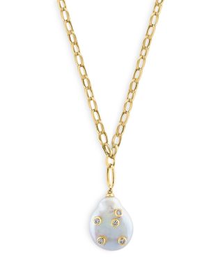 Bloomingdale's Fine Collection - Cultured Freshwater Pearl & Diamond Pendant Necklace in 14K Yellow Gold, 16-18"