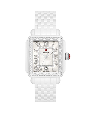 Michele Deco Madison White Ceramic Diamond Watch, 33mm X 35mm In Metallic
