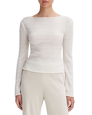Vince Smocked Long Sleeve Crinkle Top In Off White