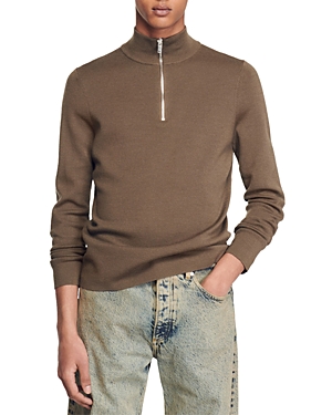 Sandro Wool Half Zip Sweater In Olive Green
