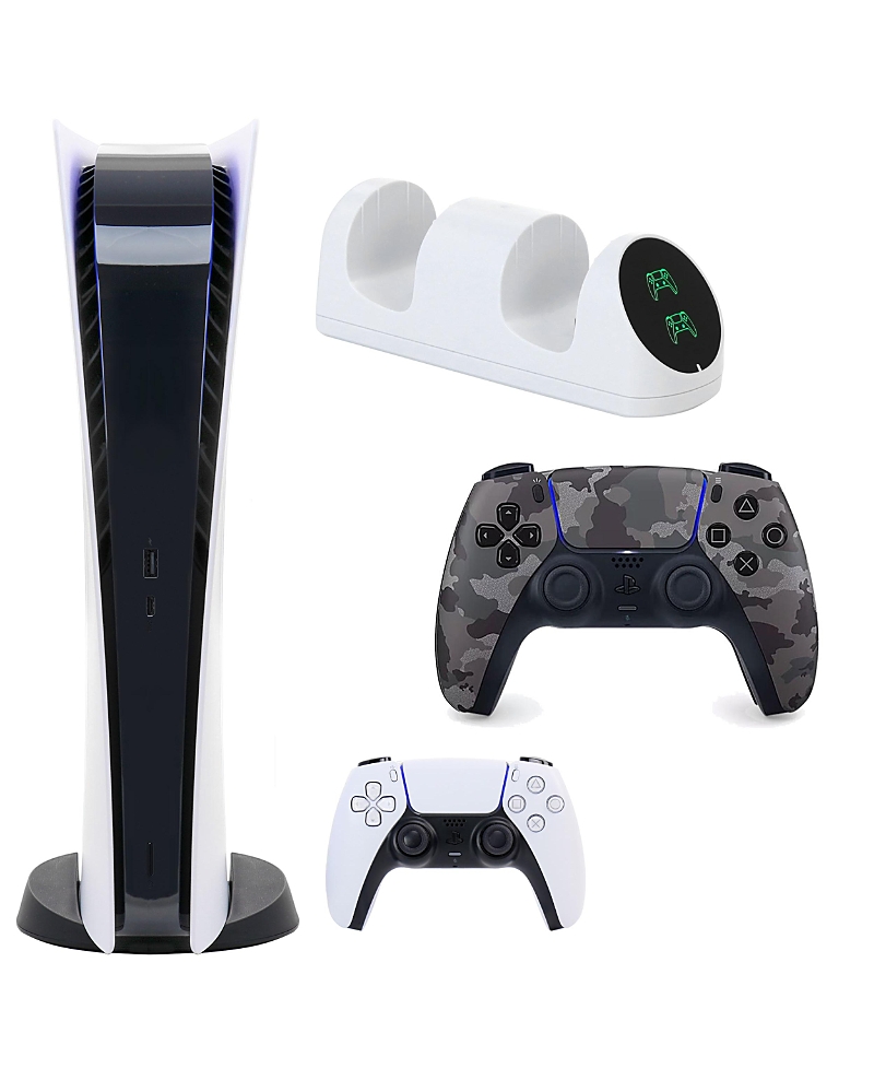 Sony Ps5 Digital Console With Extra Gray Camo Dualsense Controller And Dual Charging Dock In Open White