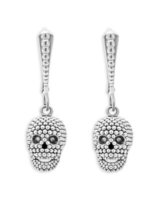 Sterling Silver Rare Wonders Caviar Bead Skull Drop Earrings