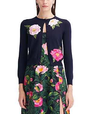 Oscar De La Renta Camellia Threadwork Wool Cardigan In Pink/navy