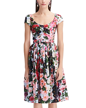 Shop Oscar De La Renta Belted Floral Dress In Pink/pale Blue