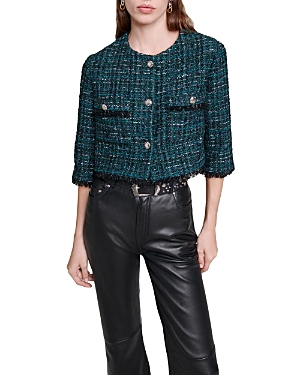 Maje Cropped Tweed Jacket In Bottle Green