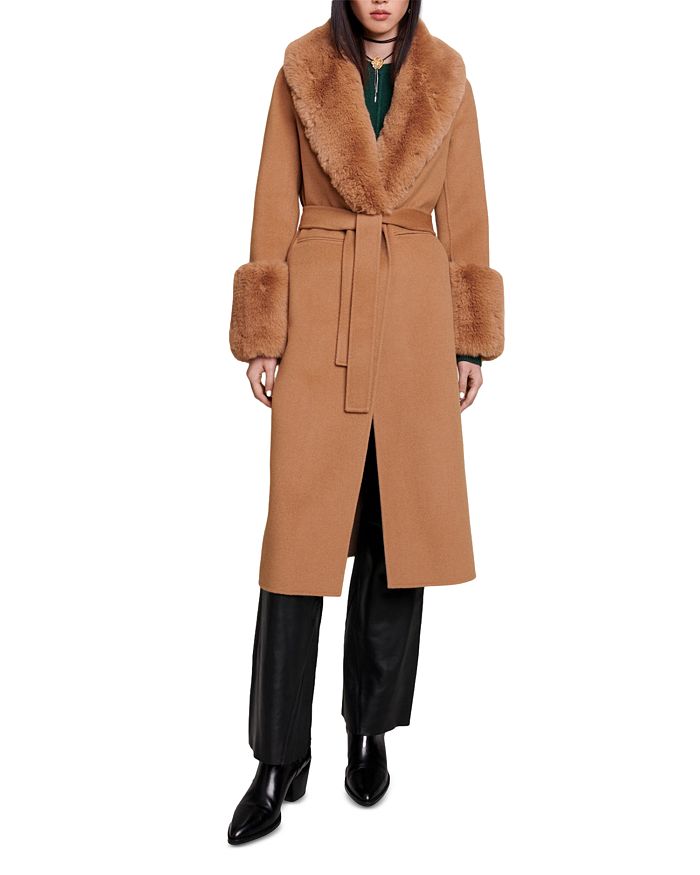 Maje Faux Fur Wool Blend Camel Coat | Bloomingdale's