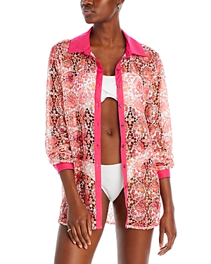 Ramy Brook Gary Princed Lace Swim Cover Up Shirt In Perfect Pink