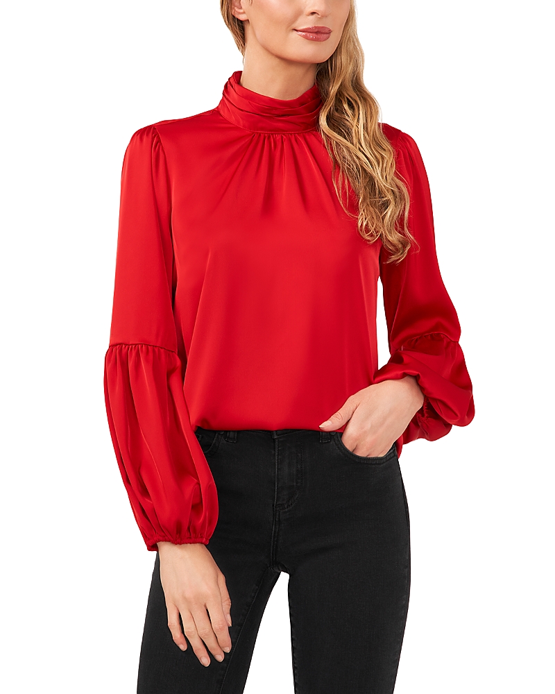 Cece Mock Neck Blouson Sleeve Satin Top In Stoplight