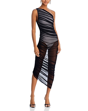 Norma Kamali Diana Sheer Ruched Asymmetric Gown In Black/snow