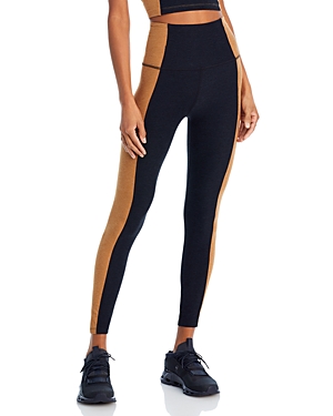 Shop Beyond Yoga Spacedye Vitality Color Blocked Leggings In Darkest Night/carmel Toffee