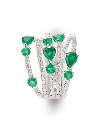 Emerald & Diamond Multirow Statement Ring in 14K White Gold