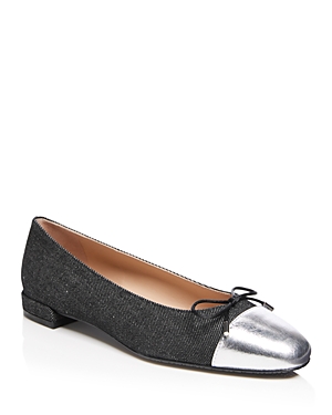 Stuart Weitzman Sleek Bicolor Bow Ballerina Flats In Black/silver