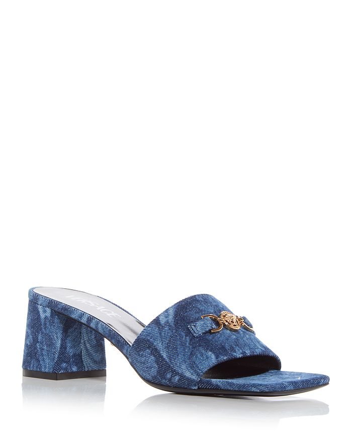 Versace Women's Baroque Print Denim Block Heel Slide Sandals ...