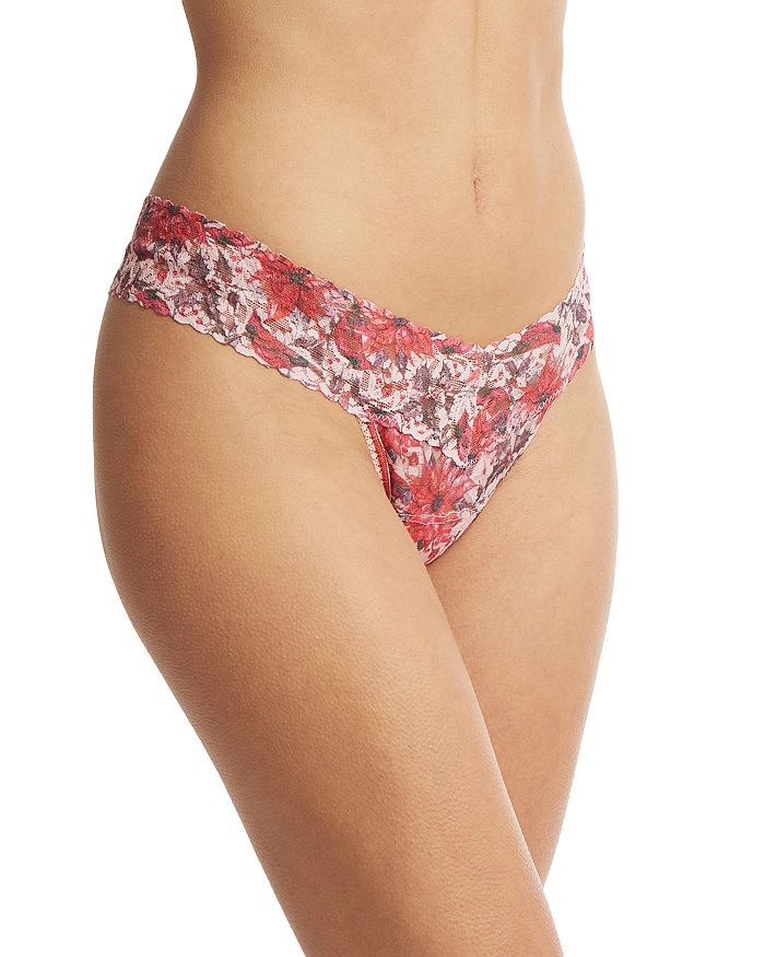 Hanky Panky Low-rise Printed Lace Thong In Poinsettia
